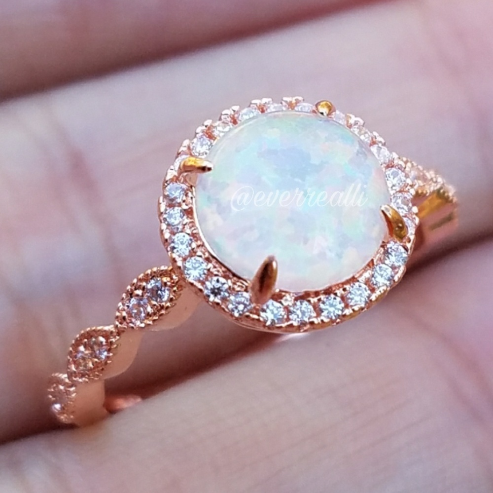 Rose Gold Round Opal Diamond Halo Milgrain Ring - Picture 2 of 7